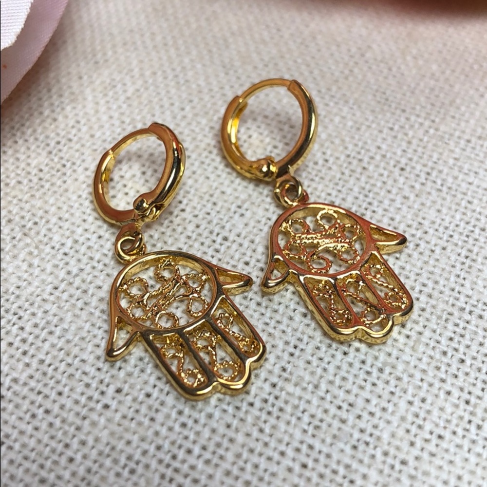 🧿Gold Boho Hamsa Hand Protection Earrings - Picture 6 of 8